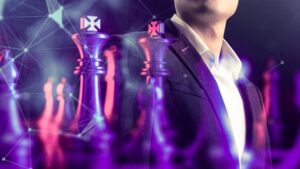 AI for Leaders: Chess pieces and leader symbolize strategic thinking and innovation.