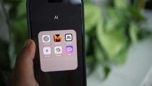 AI for Frontline End-users. Smartphone showing AI apps: ChatGPT, Mistral AI, Claude, Gemini, Copilot, and Poe.