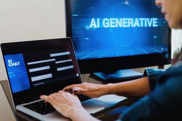 AI for Sales: Professional using AI chat on laptop. Generative AI on computer screen.