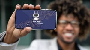 Chatbot on phone screen. Build chatbots with Python. AI chatbot assistant.
