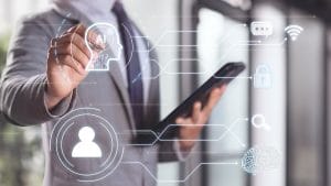 Generative AI business transformation. Businessman with AI, data, and technology icons.