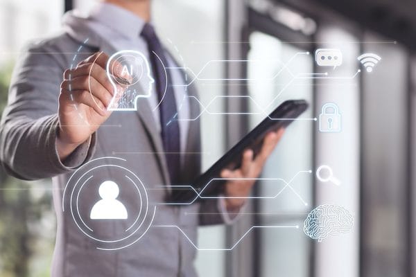 Generative AI business transformation. Businessman with AI, data, and technology icons.