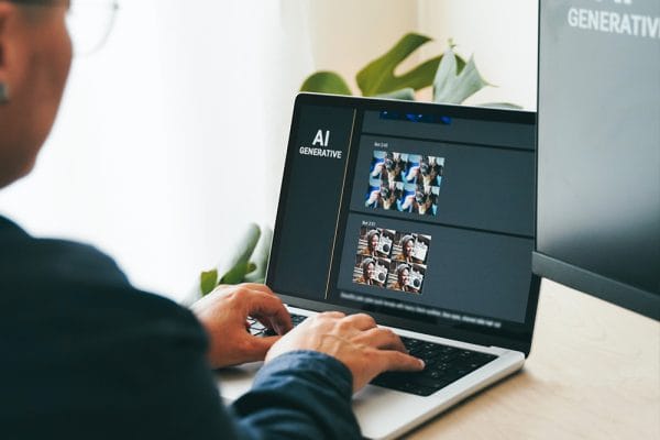 AI image generation on laptop. Man using AI generative tool. AI-created images.