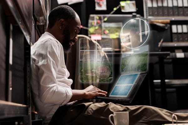 CloudOps Engineer works on laptop. Infrastructure support with digital interface.