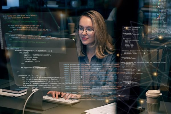 Javanista to Java Master: Woman coding Java. Developer working on computer with code overlay. Programming concept.