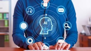 AI Apprentice to AI Architect: Person typing with AI brain graphic and icons. Artificial intelligence concept.