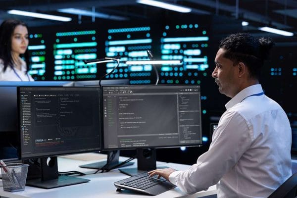 CompTIA CySA+ professionals analyzing cybersecurity data on dual monitors in a data center.