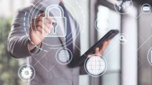 CompTIA Security+ certification. Man in suit with data protection, cybersecurity, and network security icons.