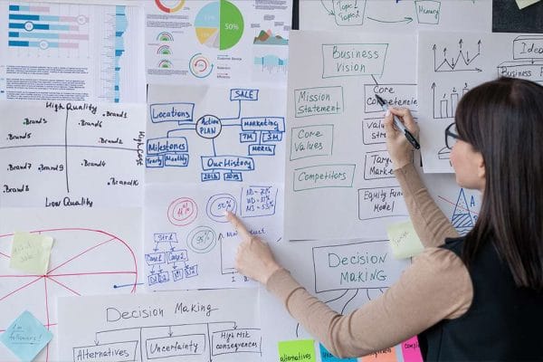 Content Marketing Manager journey: Woman analyzing charts and graphs. Business vision, decision making, and strategy planning.