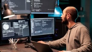 CISSP professional working on cybersecurity. Man coding on multiple monitors. IT security analyst at work.