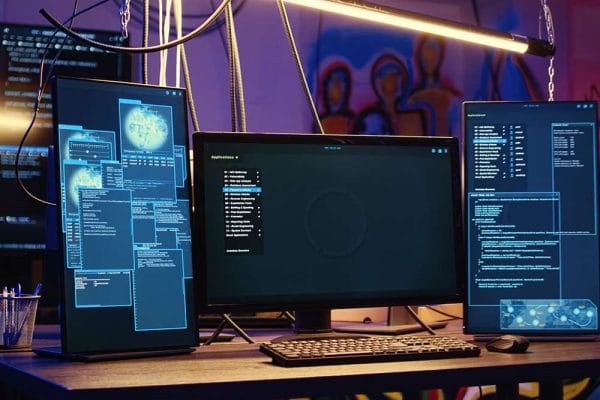 Machine learning programmer setup. Multiple monitors displaying code. ML architect workstation.