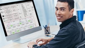 Six Sigma Green Belt certification. Man working on DMAIC process on computer.