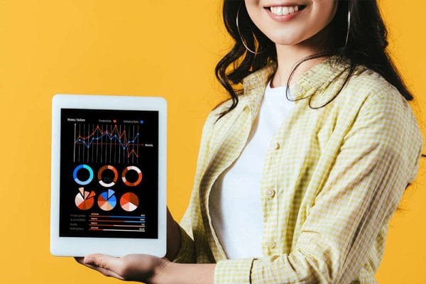 Social Media Strategist journey: Woman holding tablet with data charts. Marketing analytics and strategy.