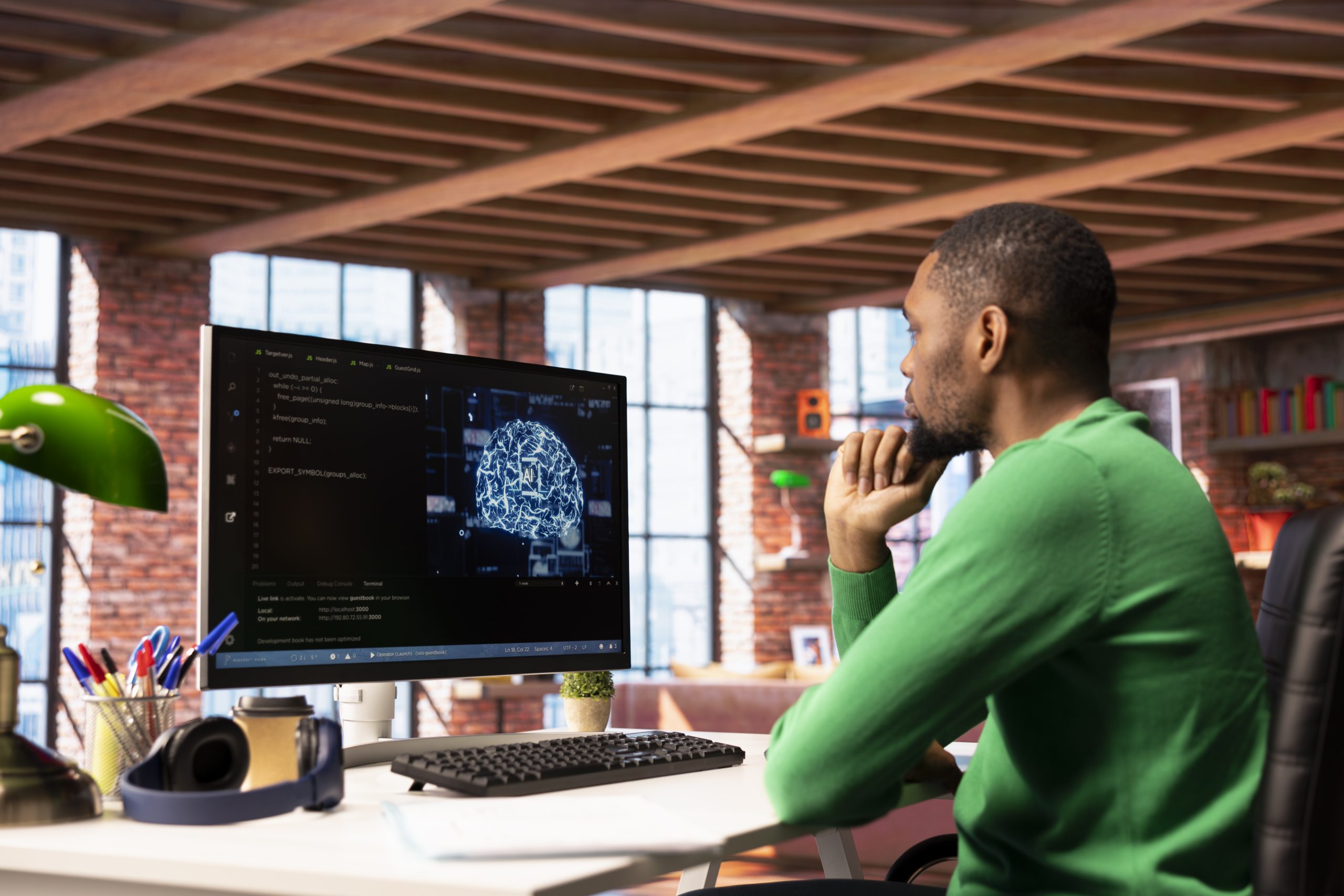 AI Engineer writing code. Man works on machine learning, artificial intelligence project.