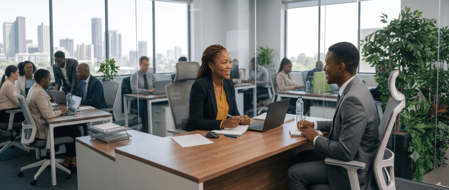 Colleagues in business attire collaborate at wooden desks inside a sunlit office featuring city skyline views.